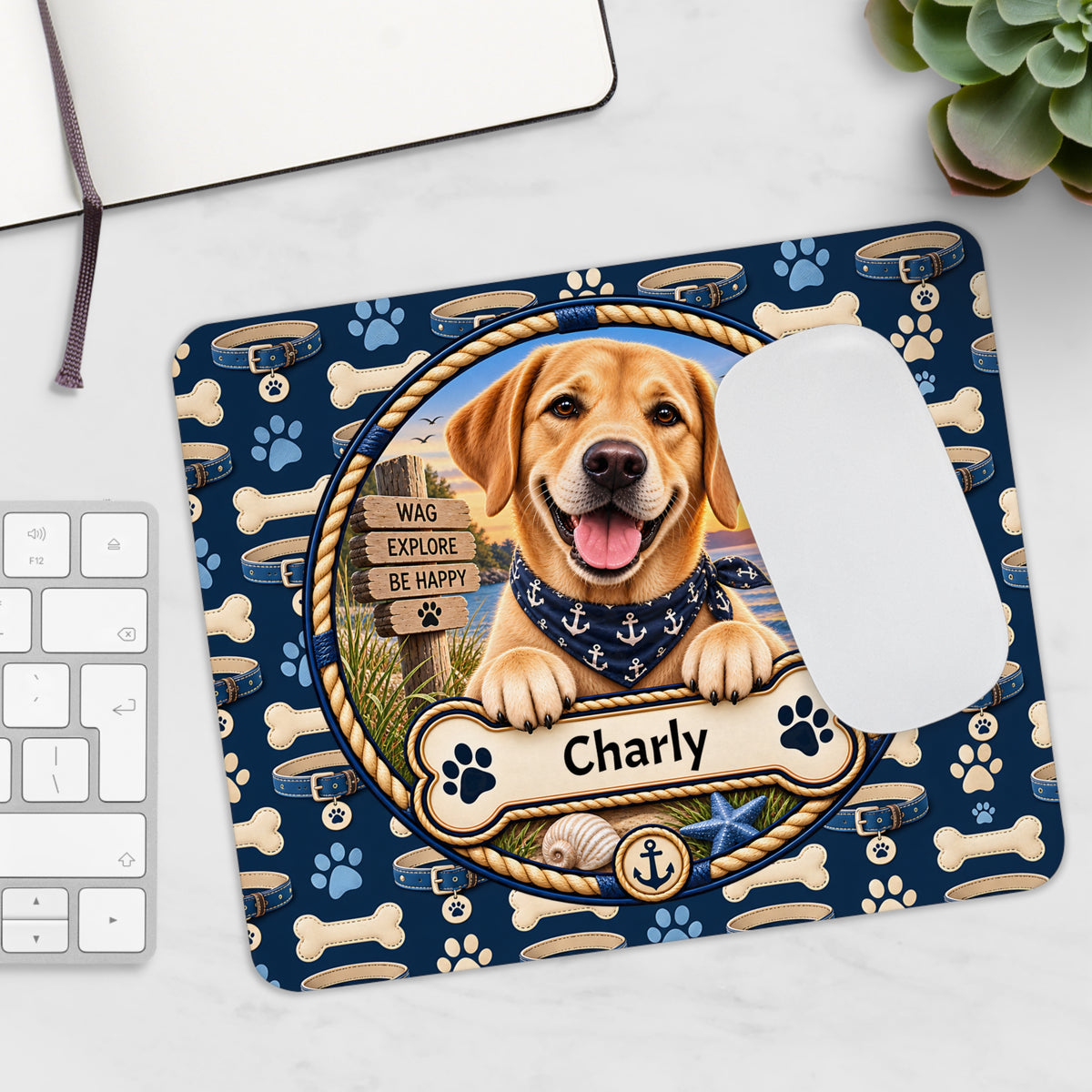 Personalisiertes Labrador-Mousepad mit Name – Maritimes Design