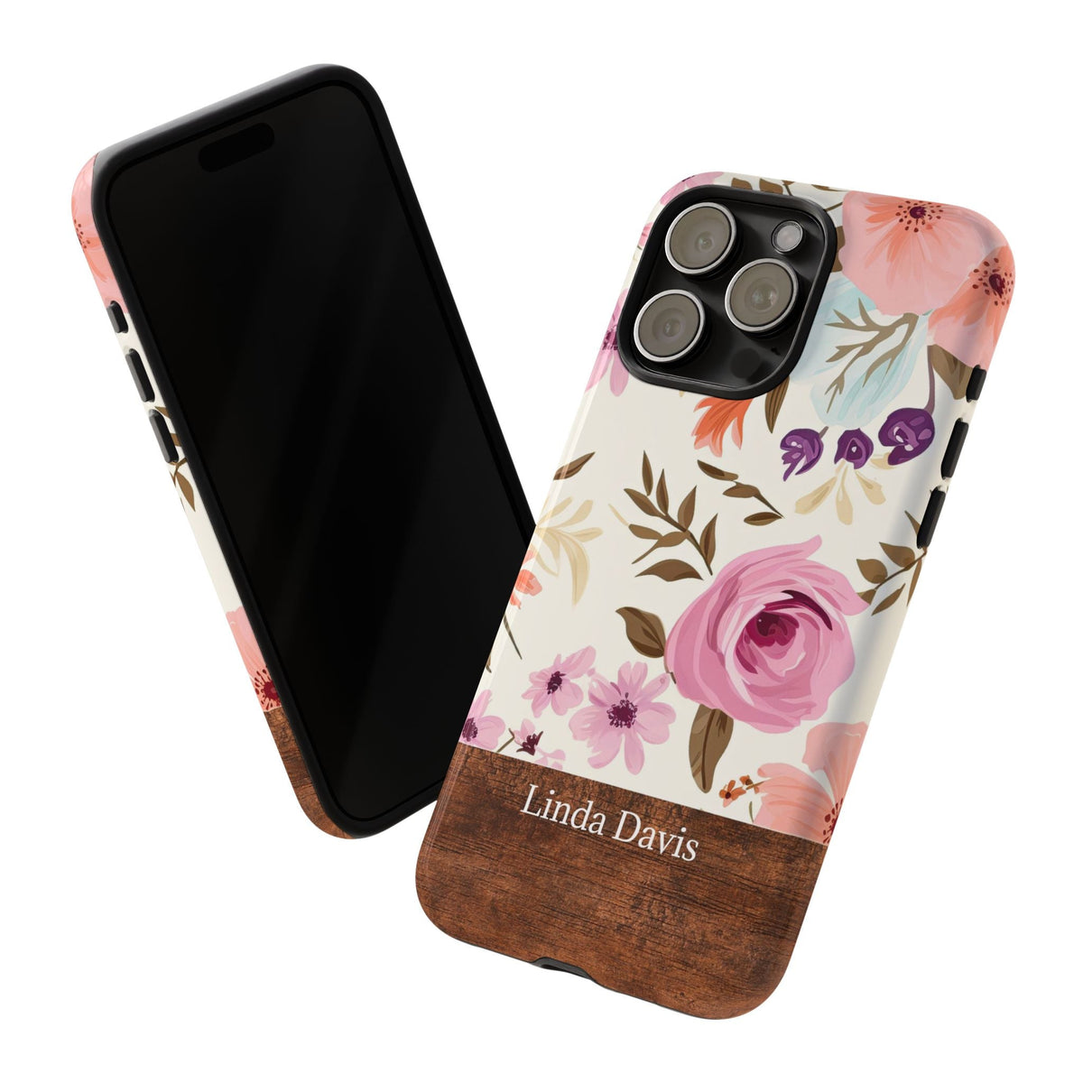 Personalisierte Blumen Handyhülle mit Namen – Robuste Handyhülle mit rosa Rosen & Holzoptik