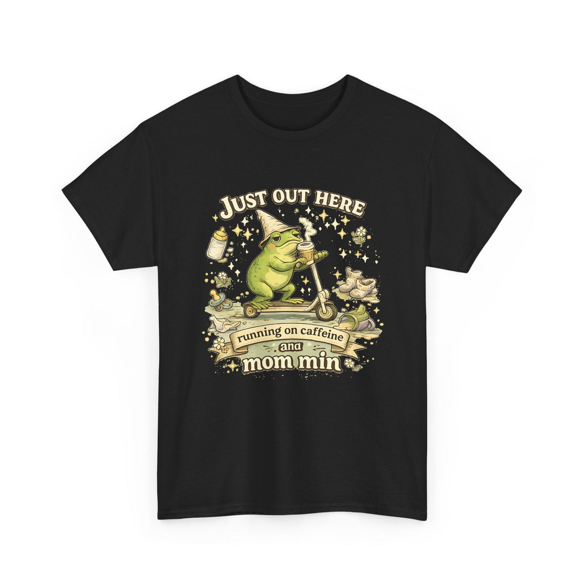 “Running on Caffeine & Mommin’” T-Shirt – Lustige Mama, Kaffee & Frosch Grafik-T-Shirt