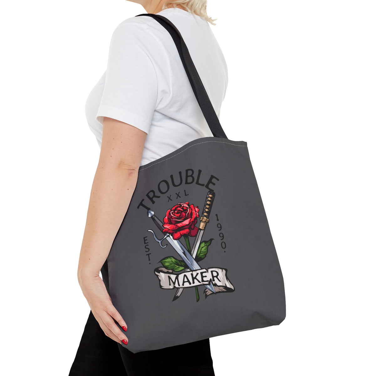 Trouble Maker Stofftasche – Rose & Schwerter Tattoo Design