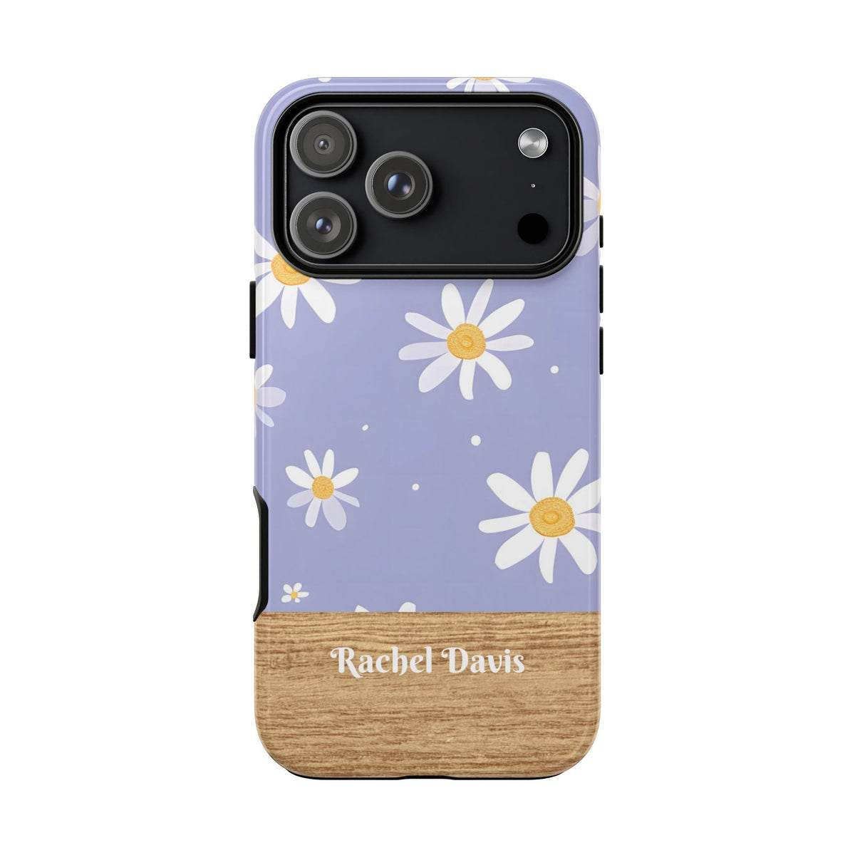 Personalisierte Gänseblümchen Handyhülle mit Namen – Robuste Handyhülle mit Lavendelblüten & Holzoptik