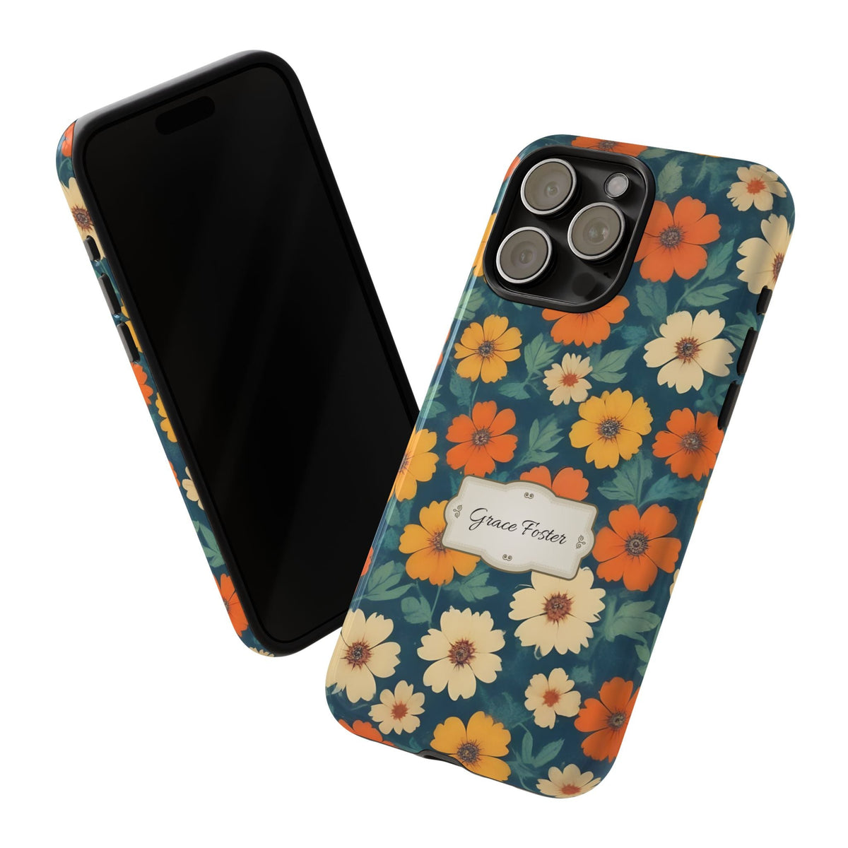 Personalisierte Retro-Blumen Handyhülle mit Namen – Robuste Handyhülle