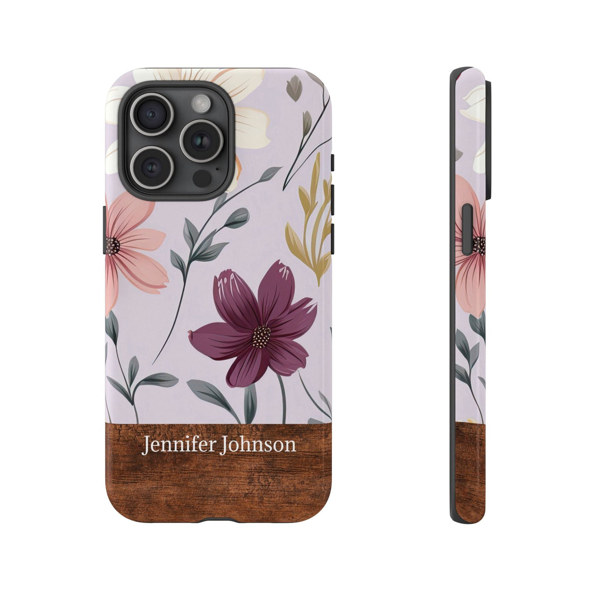 Personalisierte Blumen Handyhülle mit Namen – Robuste Handyhülle mit Holzoptik