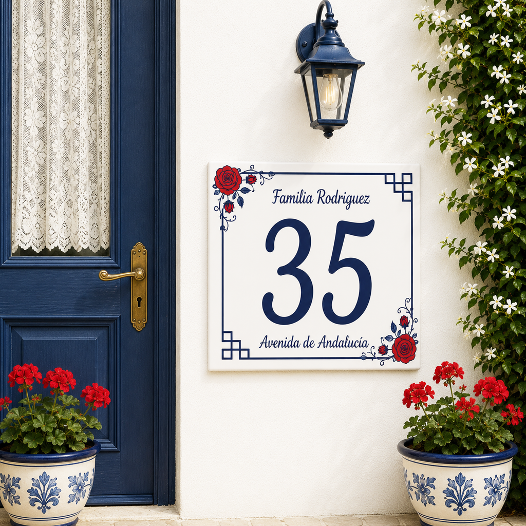 Personalisiertes Hausnummernschild mit Rosen – Keramik P11
