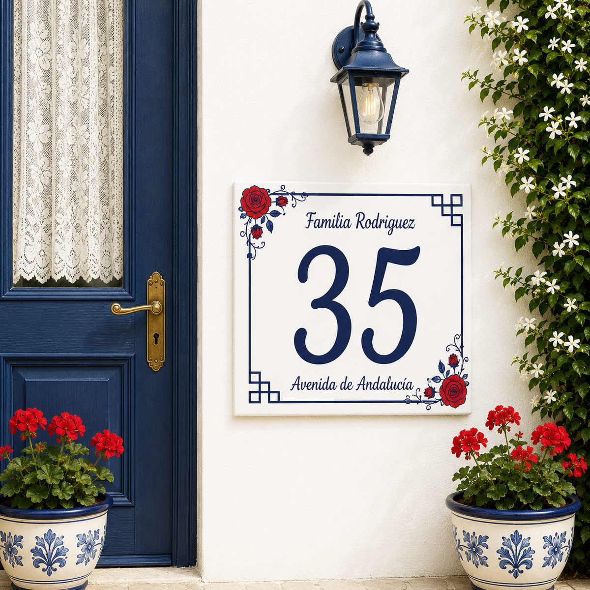 Personalisiertes Hausnummernschild mit Rosen – Keramik P11
