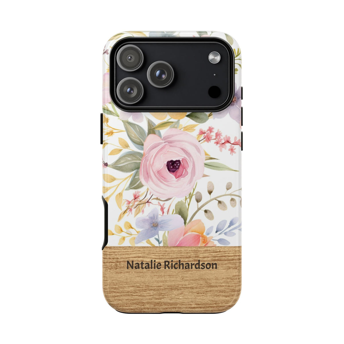 Personalisierte Blumen Handyhülle mit Namen – Pastel Flower Robuste Handyhülle mit Holzoptik