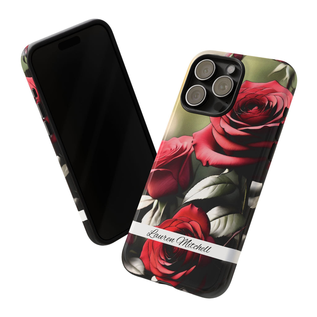 Personalisierte Rote Rose Handyhülle mit Namen – Robuste Handyhülle mit Blumen