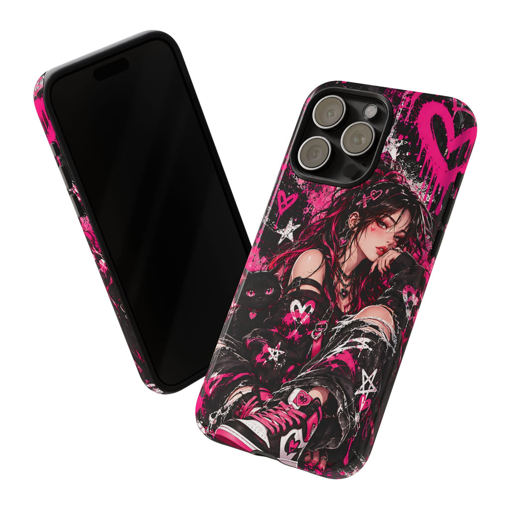 Gothic-Anime-Girl & schwarze Katze Handyhülle – Robuste Handyhülle im rosa Grunge-Stil