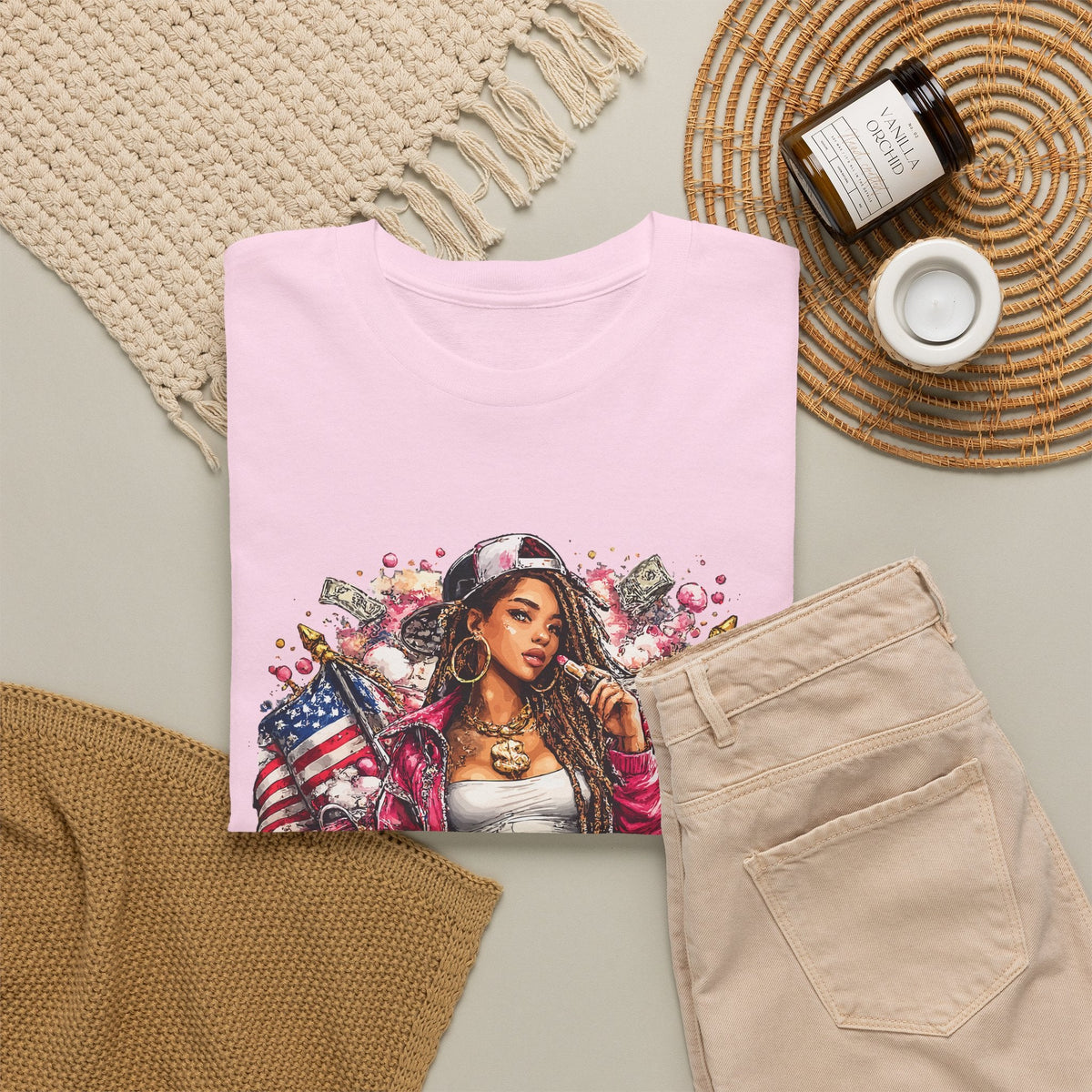 Streetwear Queen T-Shirt – Chicana Tattoo & US-Flagge Grafik-T-Shirt