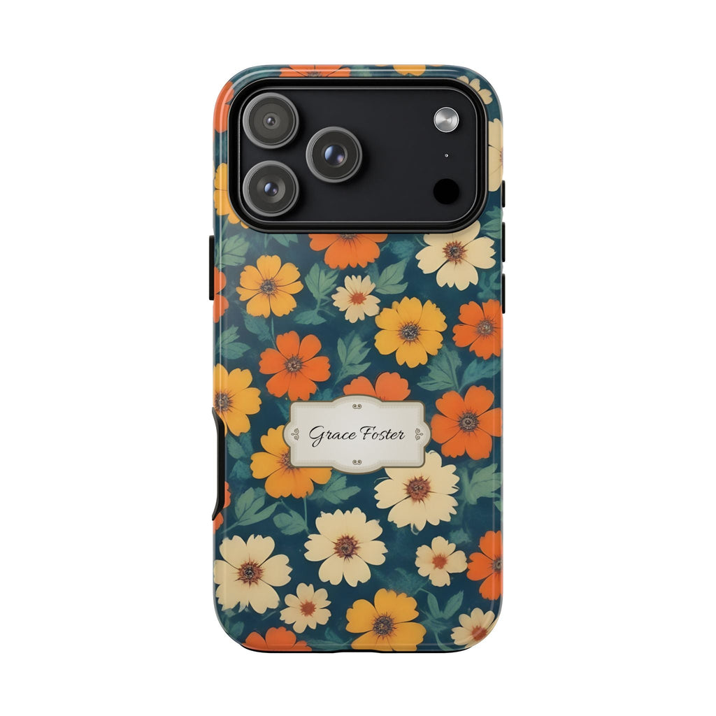 Personalisierte Retro-Blumen Handyhülle mit Namen – Robuste Handyhülle