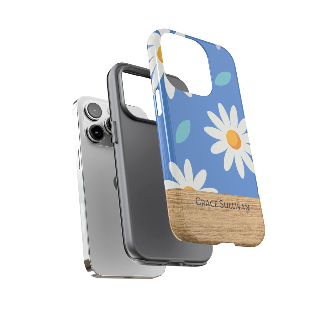 Personalisierte Gänseblümchen Handyhülle mit Namen – Robuste Handyhülle mit blauen Blumen & Holzoptik