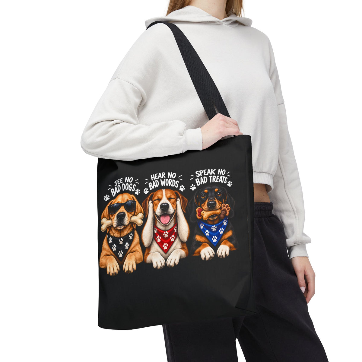 Lustige Hunde Stofftasche – Drei Hunde „See No Evil“ Motiv