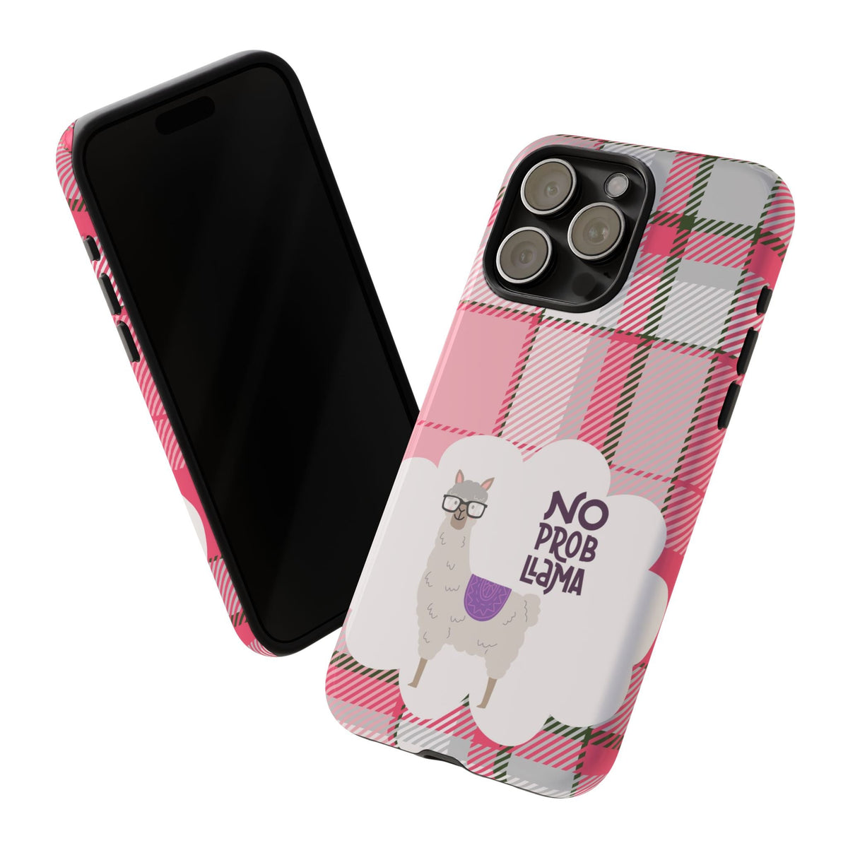 No Prob-Llama Handyhülle – Robuste Handyhülle mit rosa Karo & lustigem Lama