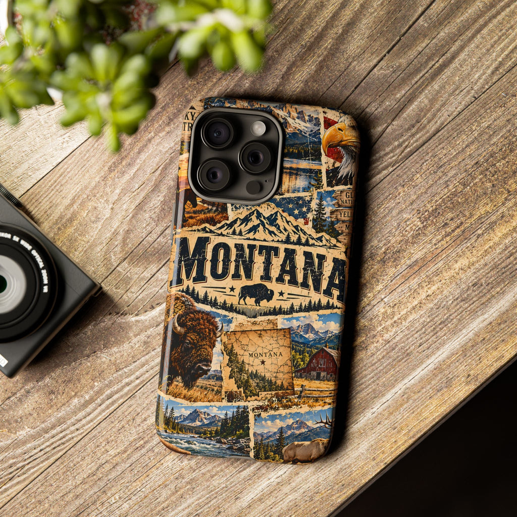 Montana-Reise-Collage Handyhülle – Robuste Handyhülle im Western-Vintage-Stil