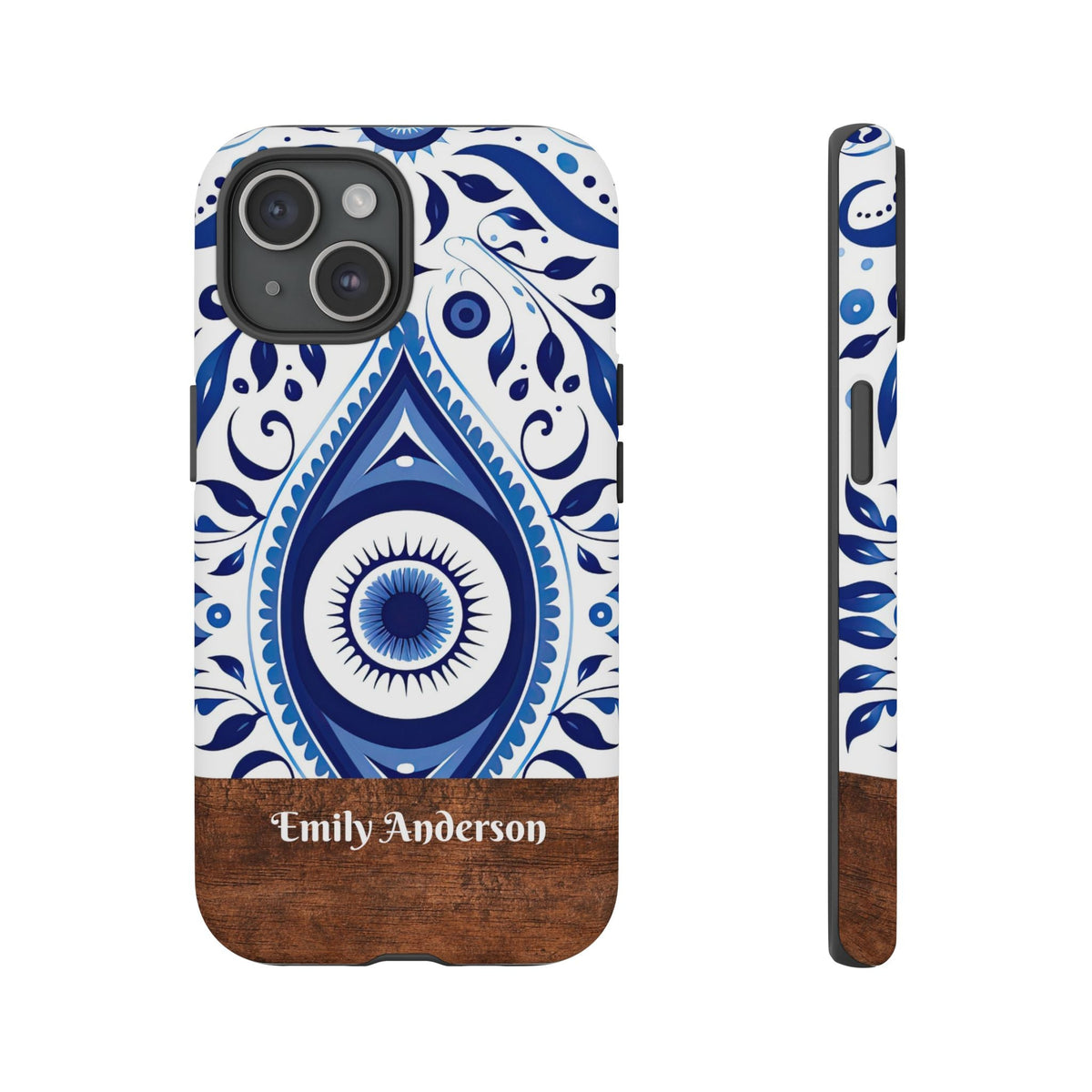 Personalisierte Blaue Fliesen Handyhülle mit Namen – Mediterranes Blumendesign