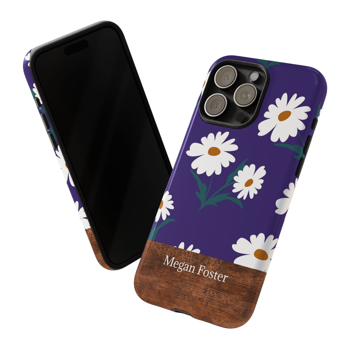 Personalisierte Gänseblümchen Handyhülle mit Namen – Robuste Handyhülle mit lila Blumen & Holzoptik