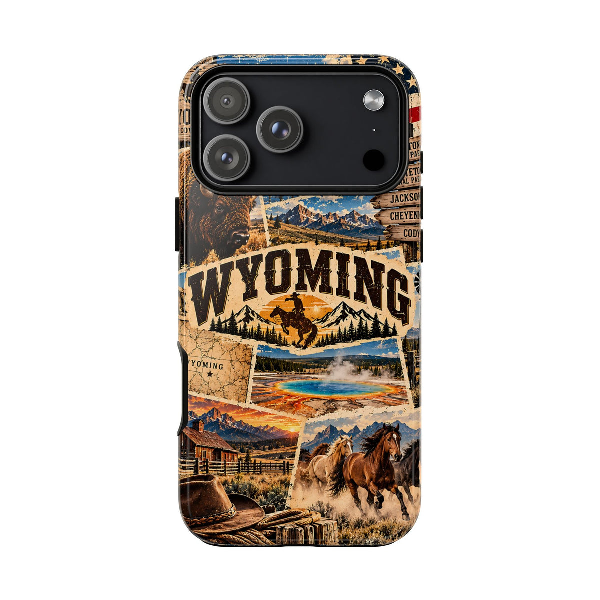 Wyoming-Reise-Collage Handyhülle – Robuste Handyhülle im Western-Vintage-Stil