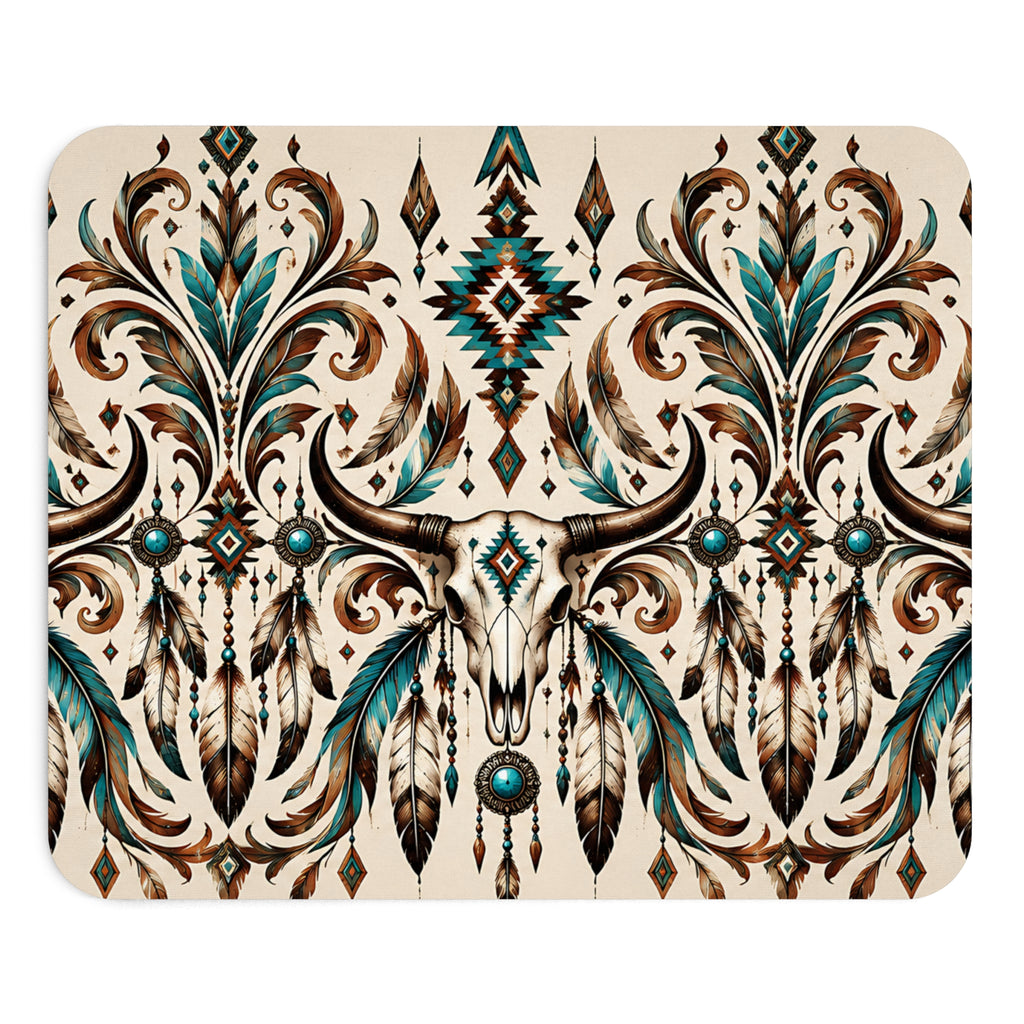 Western Longhorn Mousepad – Boho Design mit Federn