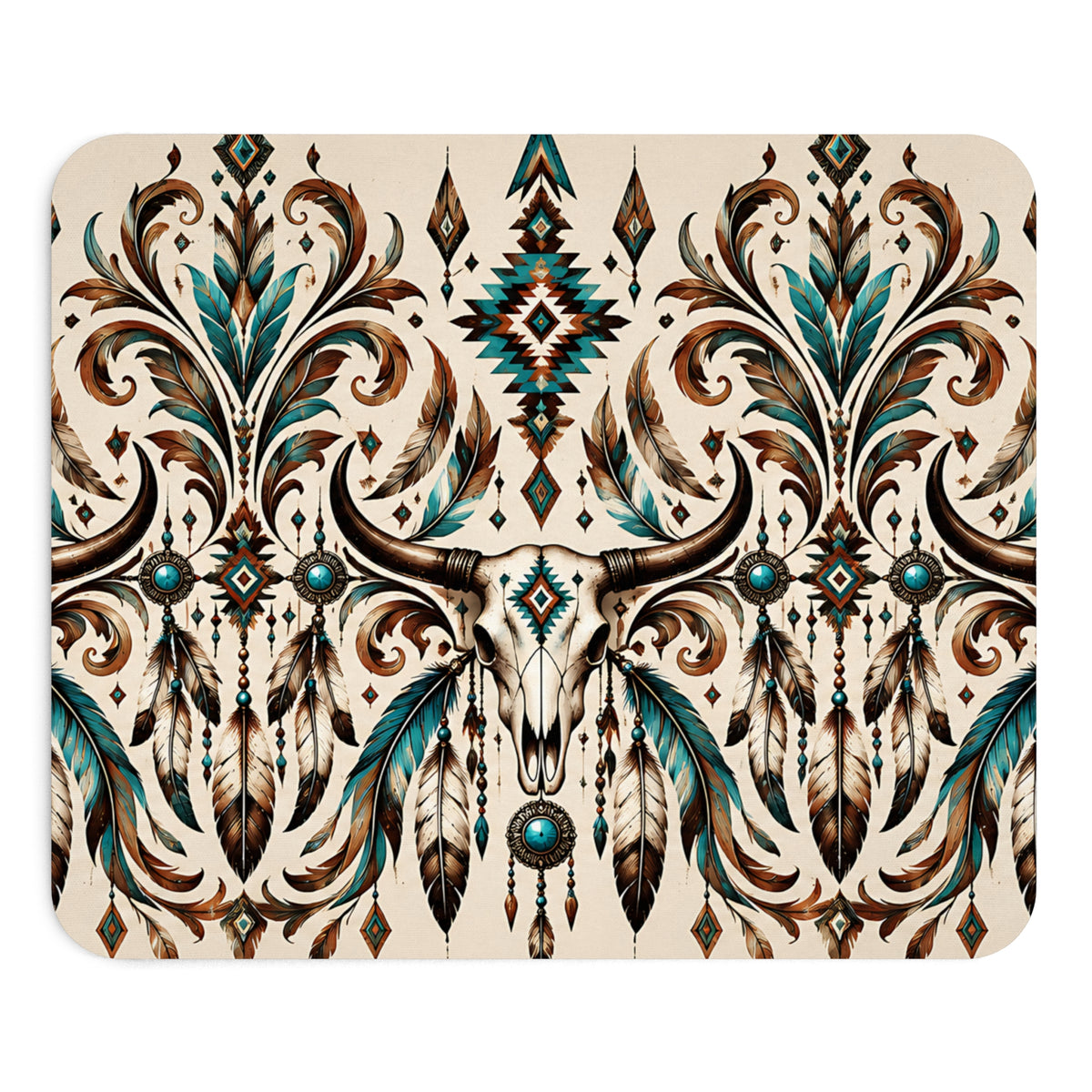 Western Longhorn Mousepad – Boho Design mit Federn
