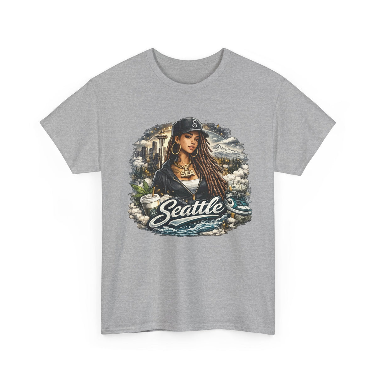Seattle T-Shirt – Vintage Skyline, Kaffee & Porträt Grafik-T-Shirt