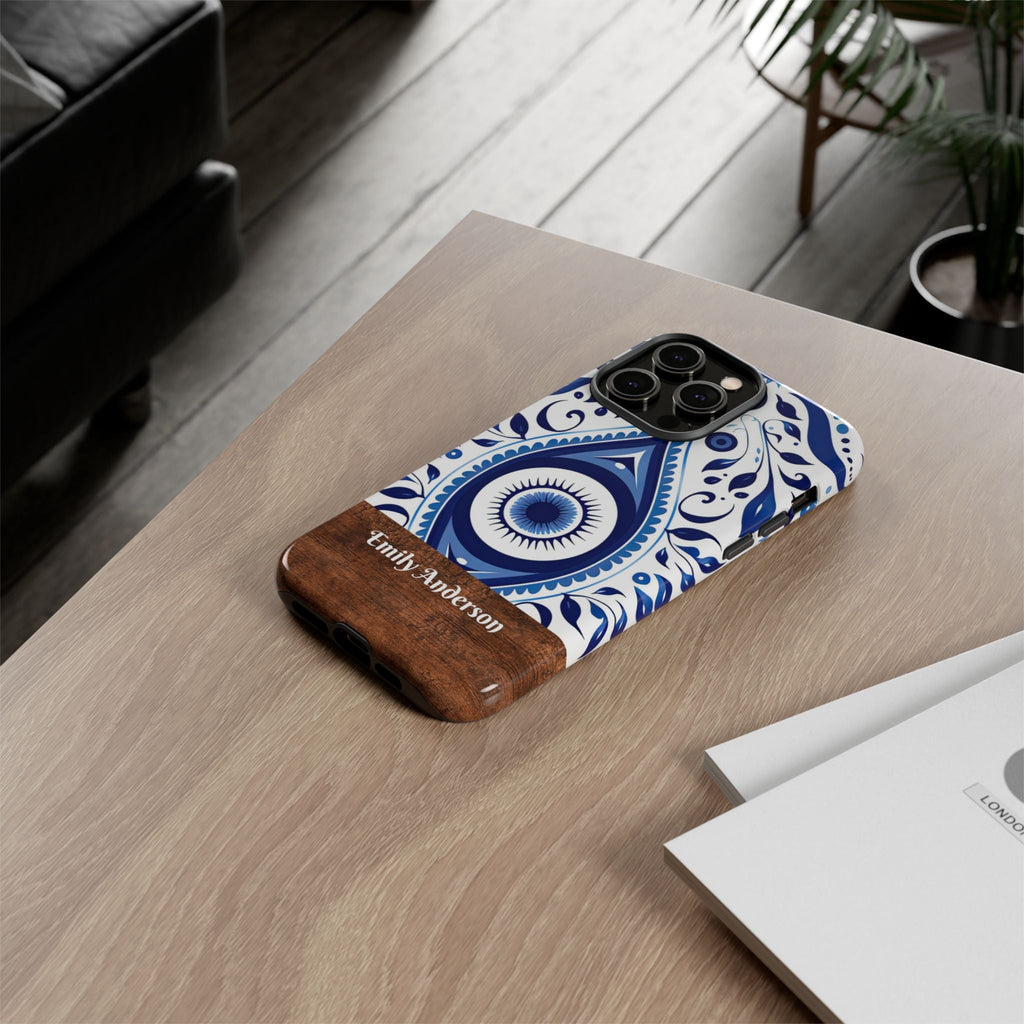 Personalisierte Blaue Fliesen Handyhülle mit Namen – Mediterranes Blumendesign