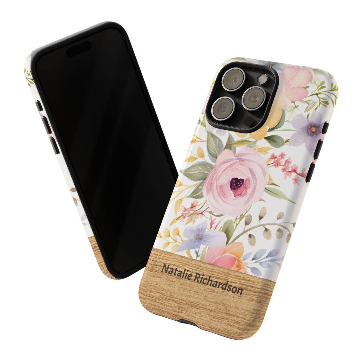 Personalisierte Blumen Handyhülle mit Namen – Pastel Flower Robuste Handyhülle mit Holzoptik