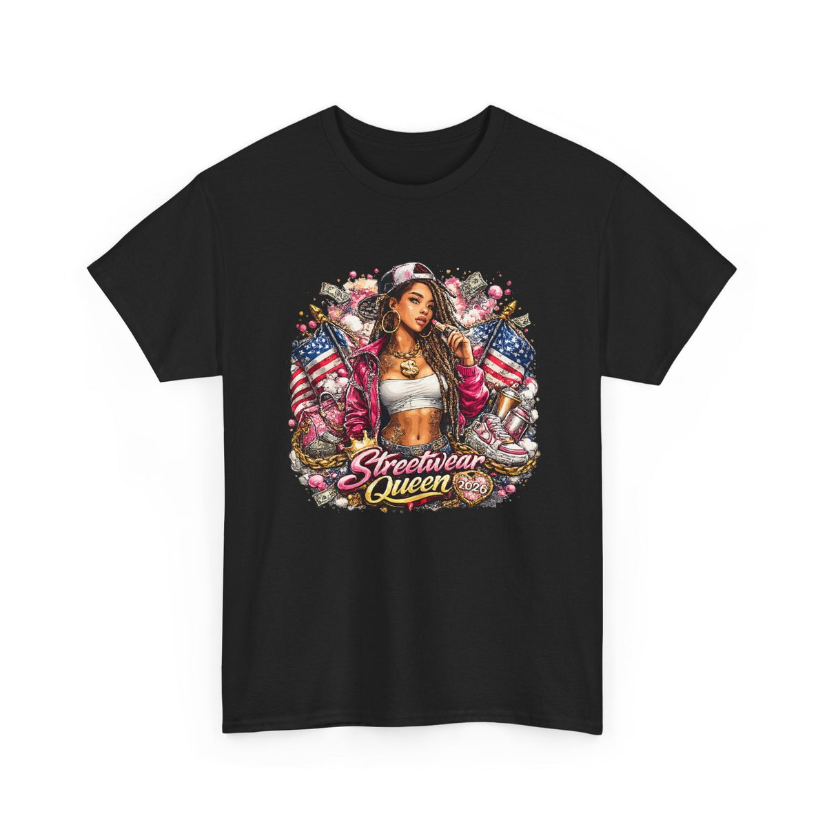 Streetwear Queen T-Shirt – Chicana Tattoo & US-Flagge Grafik-T-Shirt