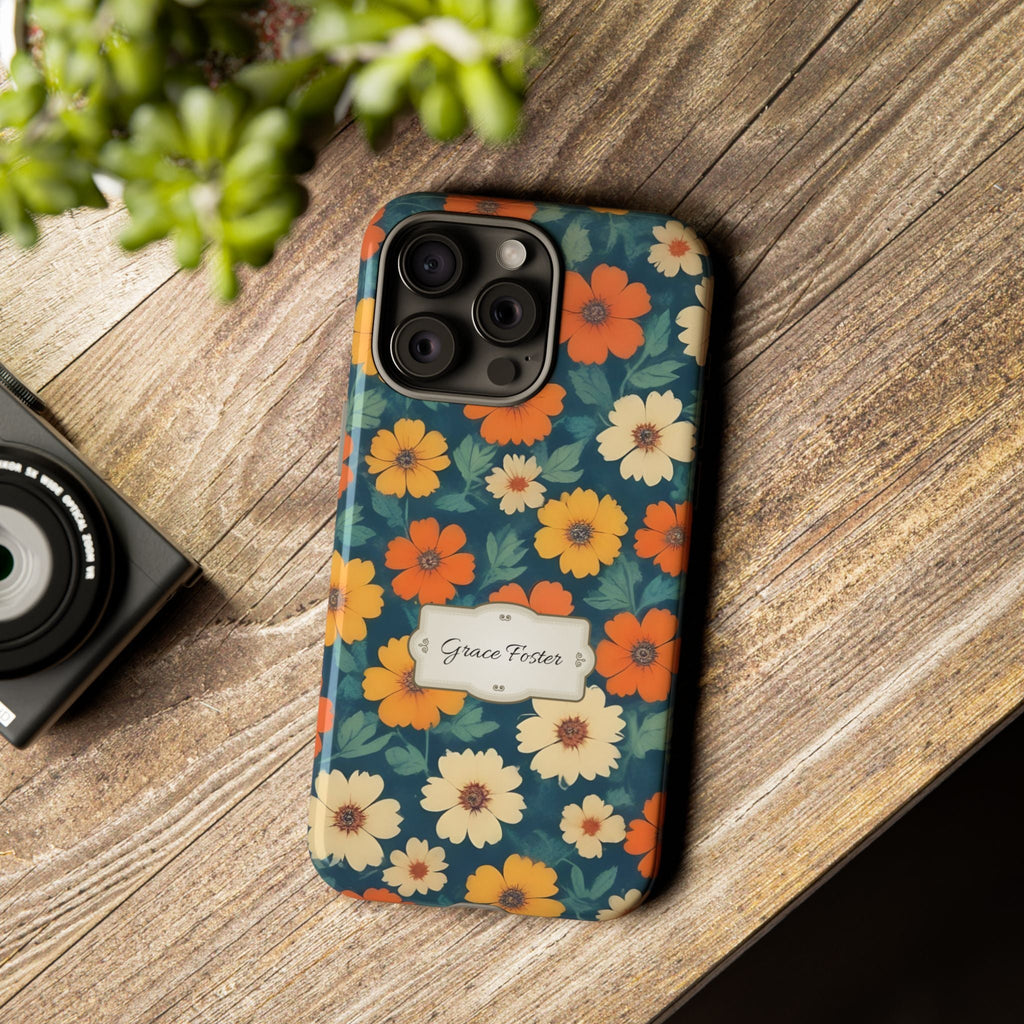 Personalisierte Retro-Blumen Handyhülle mit Namen – Robuste Handyhülle