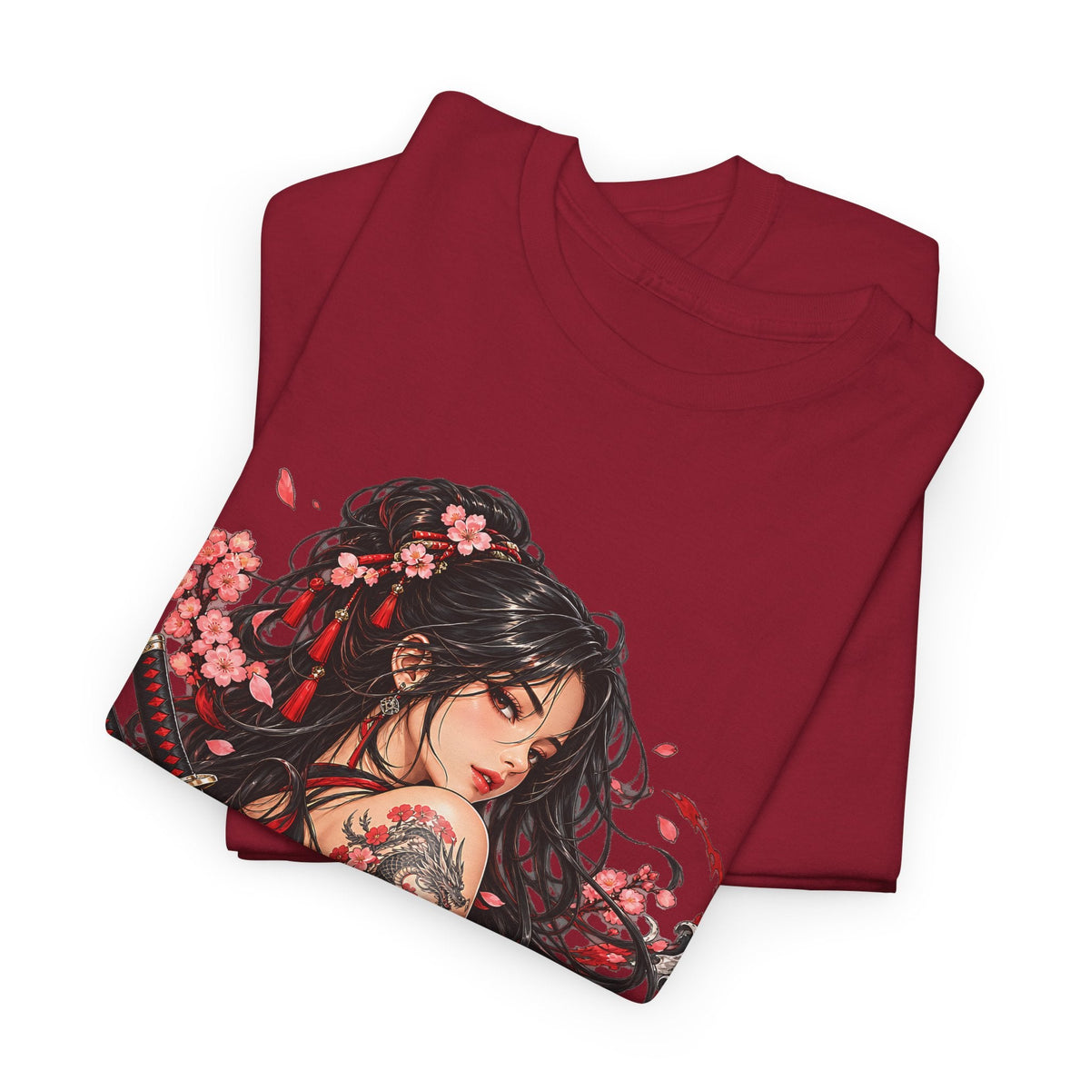 Japanese Samurai Girl T-Shirt – Dunkler Anime-Krieger Grafik-T-Shirt