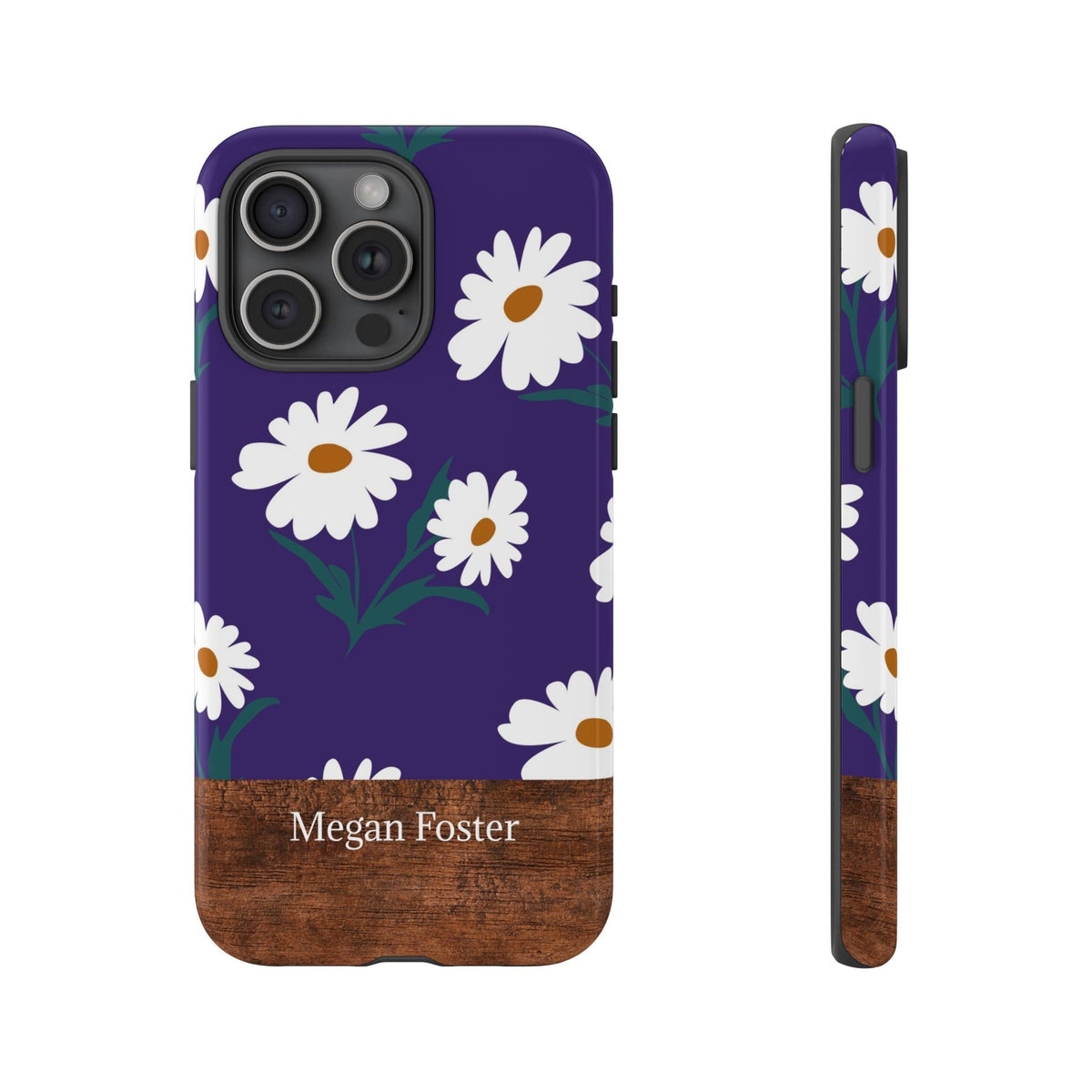 Personalisierte Gänseblümchen Handyhülle mit Namen – Robuste Handyhülle mit lila Blumen & Holzoptik