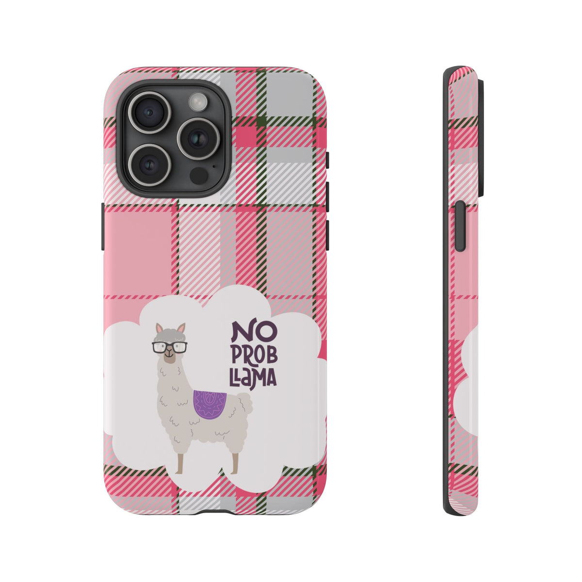 No Prob-Llama Handyhülle – Robuste Handyhülle mit rosa Karo & lustigem Lama