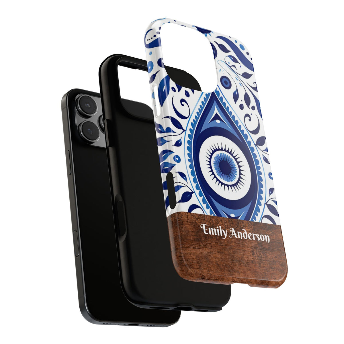 Personalisierte Blaue Fliesen Handyhülle mit Namen – Mediterranes Blumendesign