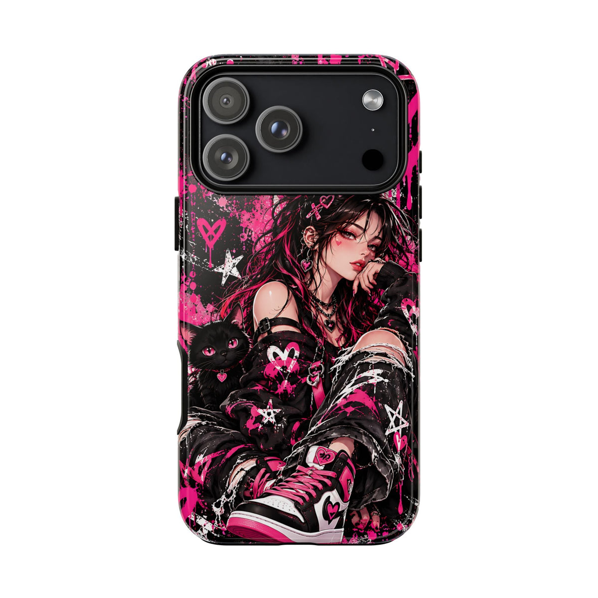 Gothic-Anime-Girl & schwarze Katze Handyhülle – Robuste Handyhülle im rosa Grunge-Stil