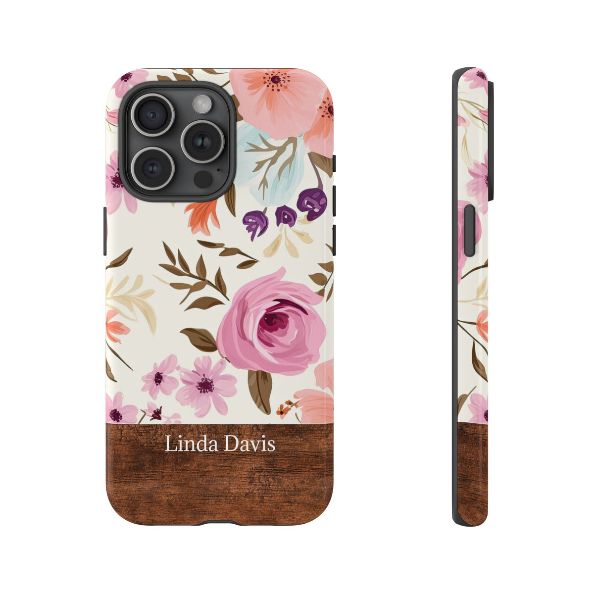 Personalisierte Blumen Handyhülle mit Namen – Robuste Handyhülle mit rosa Rosen & Holzoptik