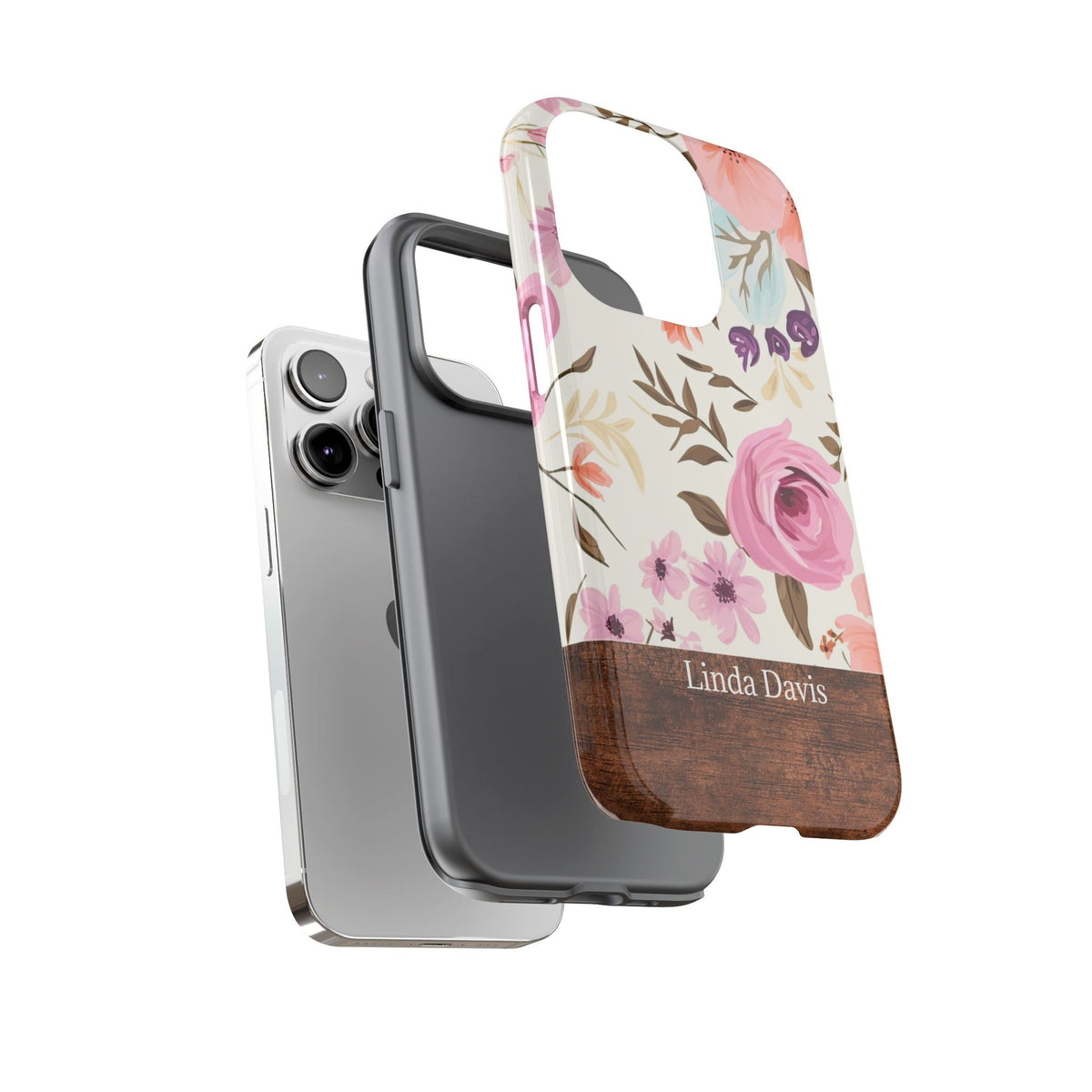 Personalisierte Blumen Handyhülle mit Namen – Robuste Handyhülle mit rosa Rosen & Holzoptik