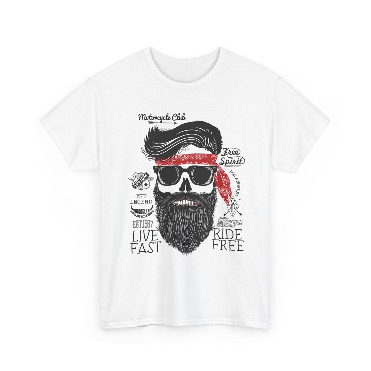 Biker Skull T-Shirt – „Live Fast Ride Free“ Motorrad Grafik-T-Shirt