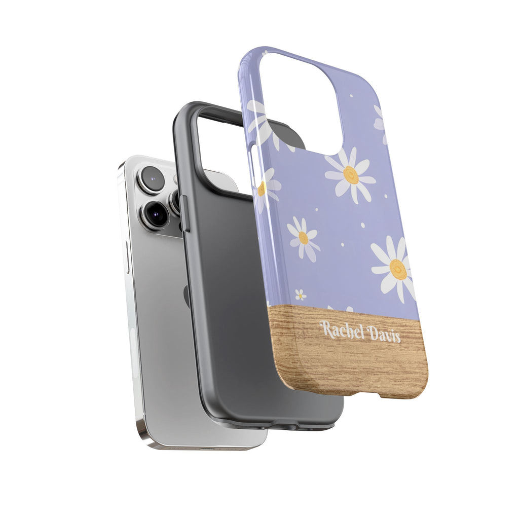 Personalisierte Gänseblümchen Handyhülle mit Namen – Robuste Handyhülle mit Lavendelblüten & Holzoptik