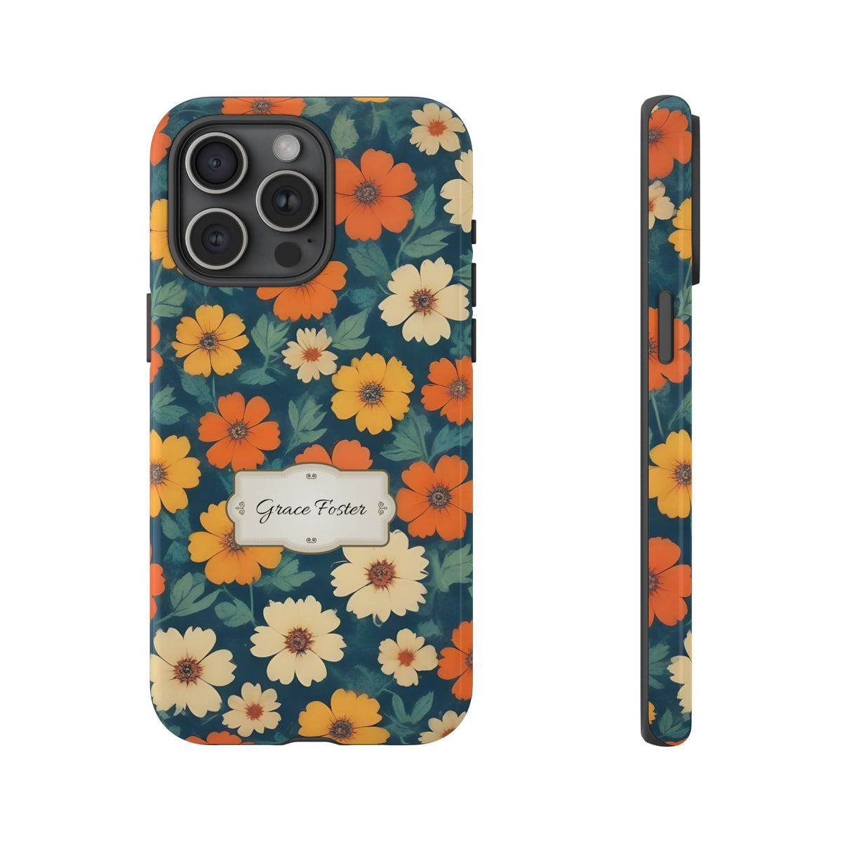 Personalisierte Retro-Blumen Handyhülle mit Namen – Robuste Handyhülle