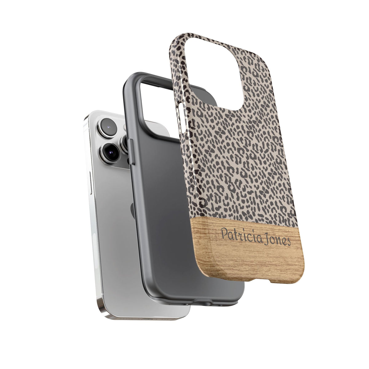 Personalisierte Leopardenmuster Handyhülle mit Namen – Robuste Handyhülle mit Holzoptik