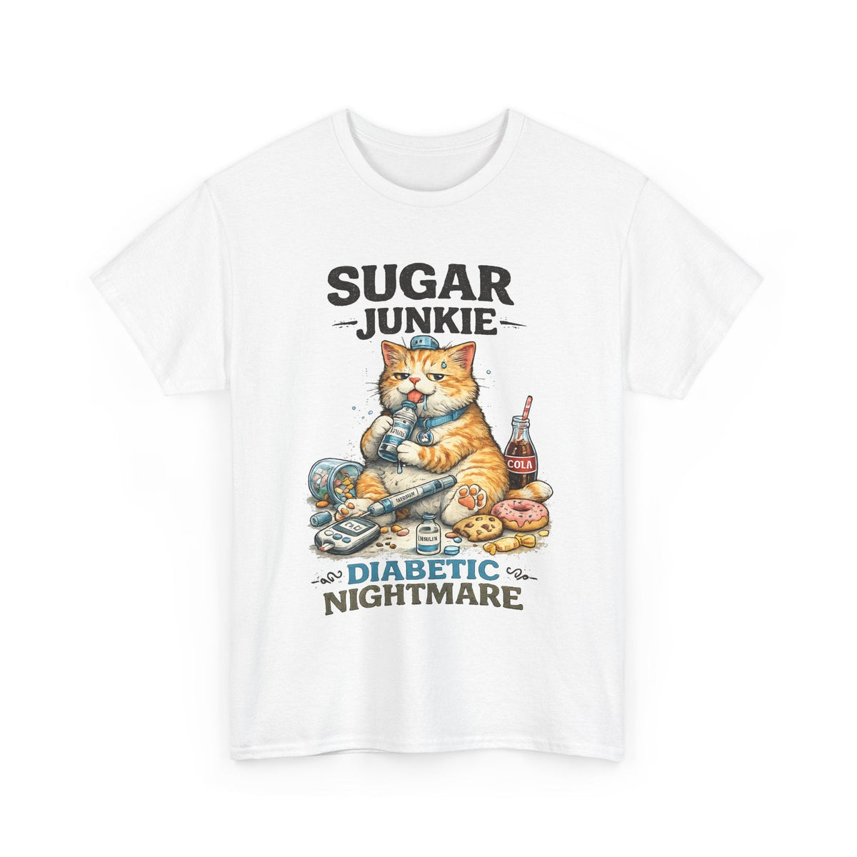 “Sugar Junkie – Diabetic Nightmare” T-Shirt – Lustige Katze Grafik-T-Shirt