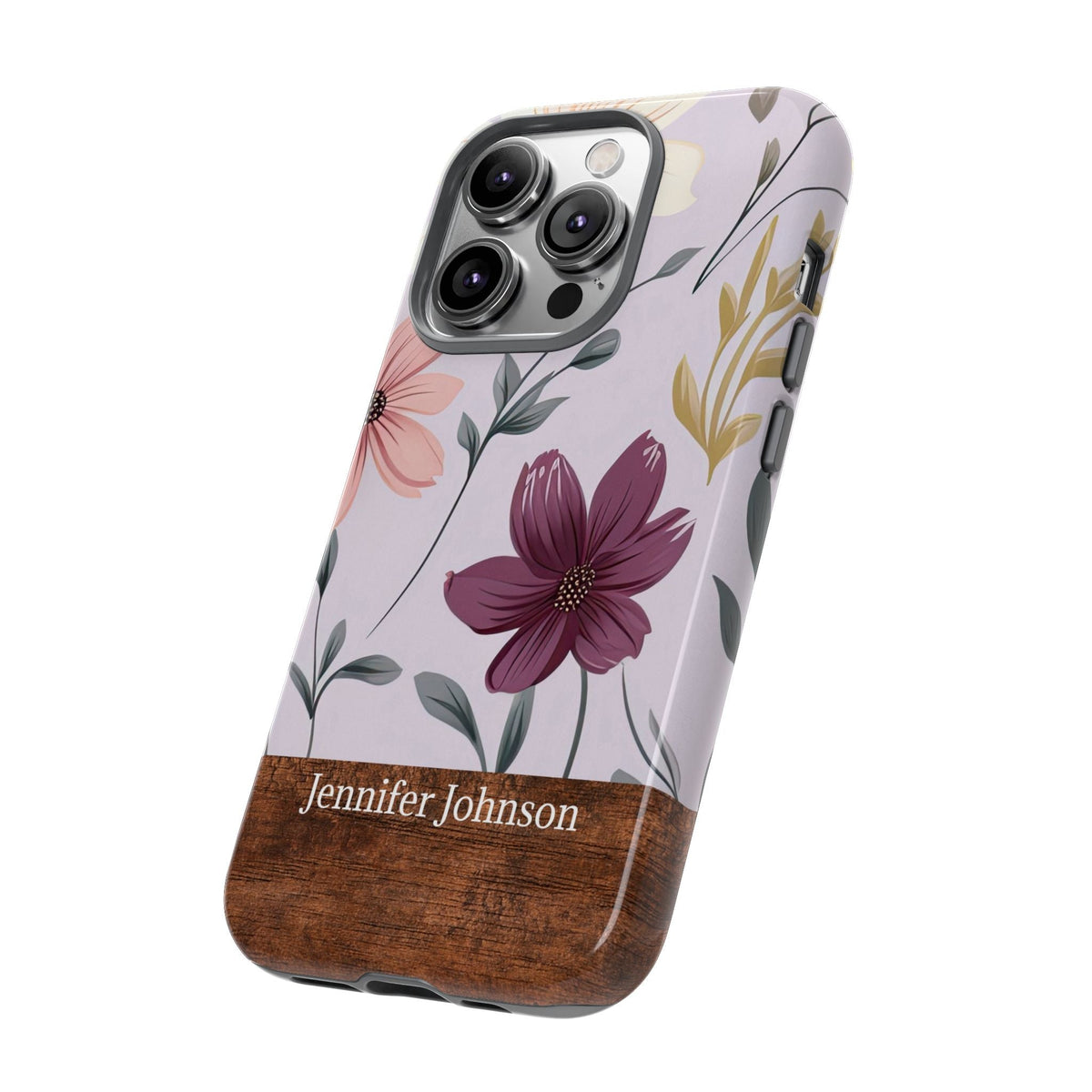 Personalisierte Blumen Handyhülle mit Namen – Robuste Handyhülle mit Holzoptik