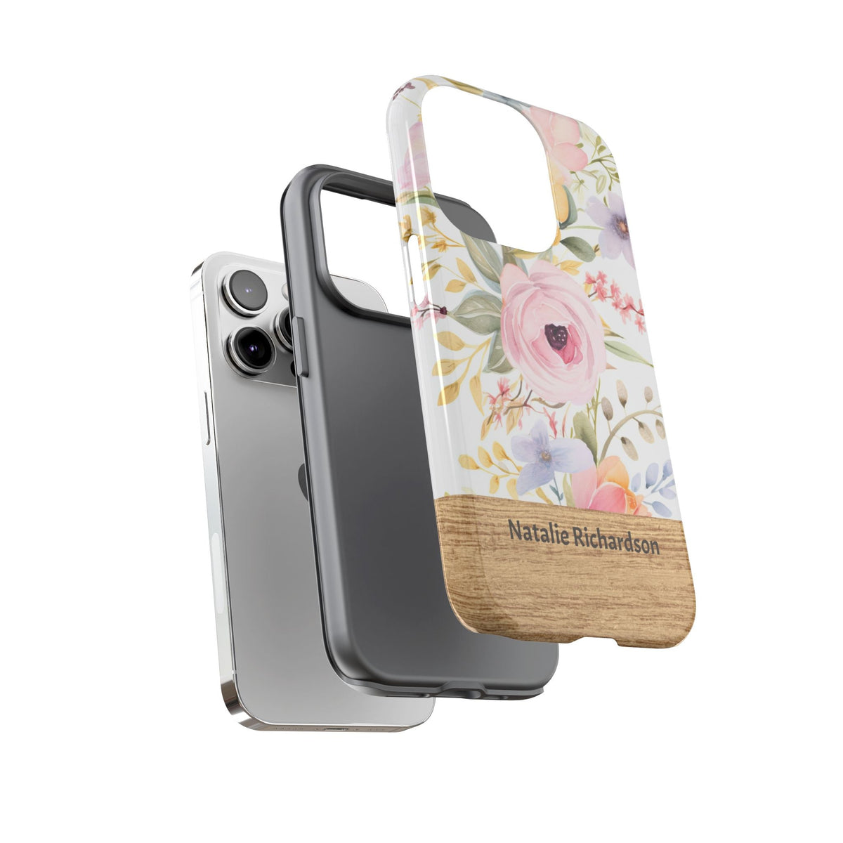 Personalisierte Blumen Handyhülle mit Namen – Pastel Flower Robuste Handyhülle mit Holzoptik