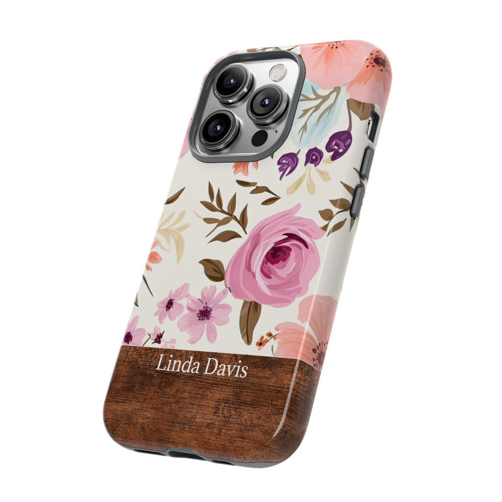 Personalisierte Blumen Handyhülle mit Namen – Robuste Handyhülle mit rosa Rosen & Holzoptik