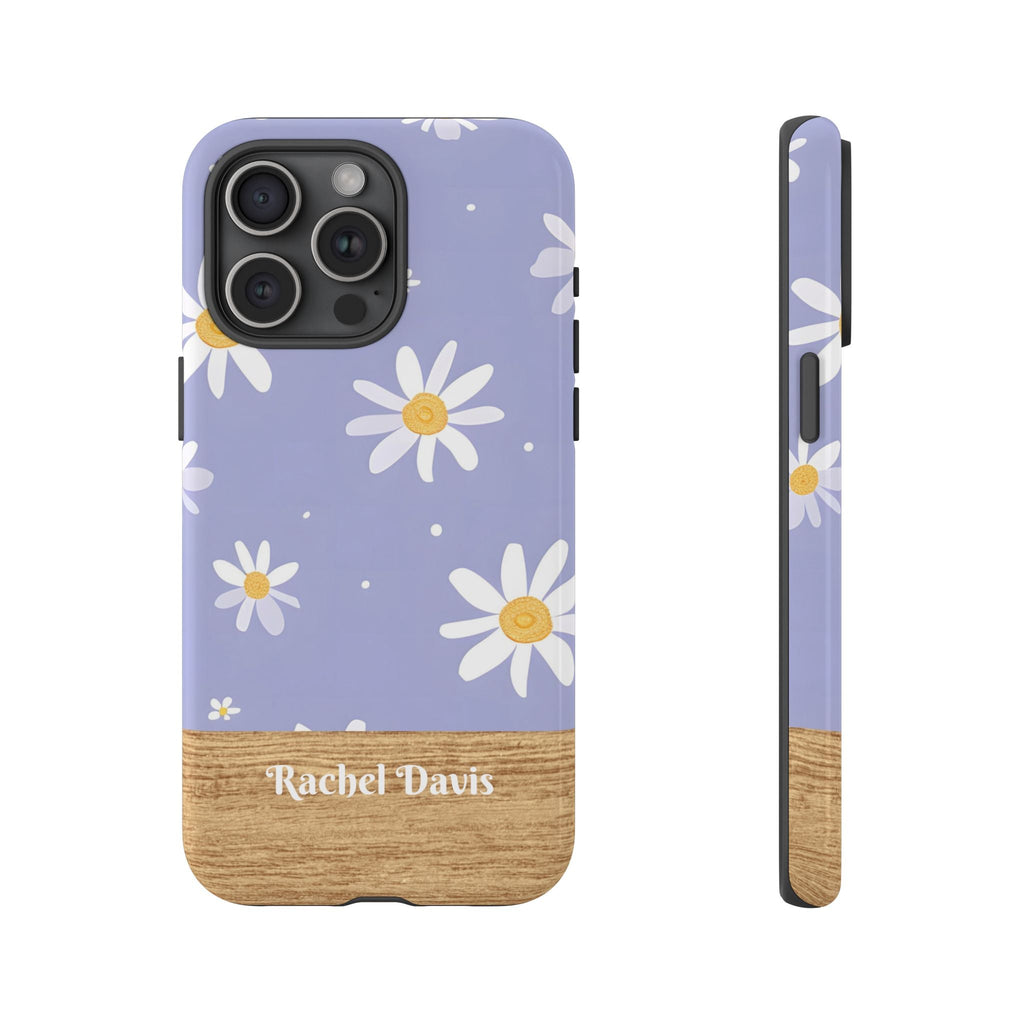 Personalisierte Gänseblümchen Handyhülle mit Namen – Robuste Handyhülle mit Lavendelblüten & Holzoptik