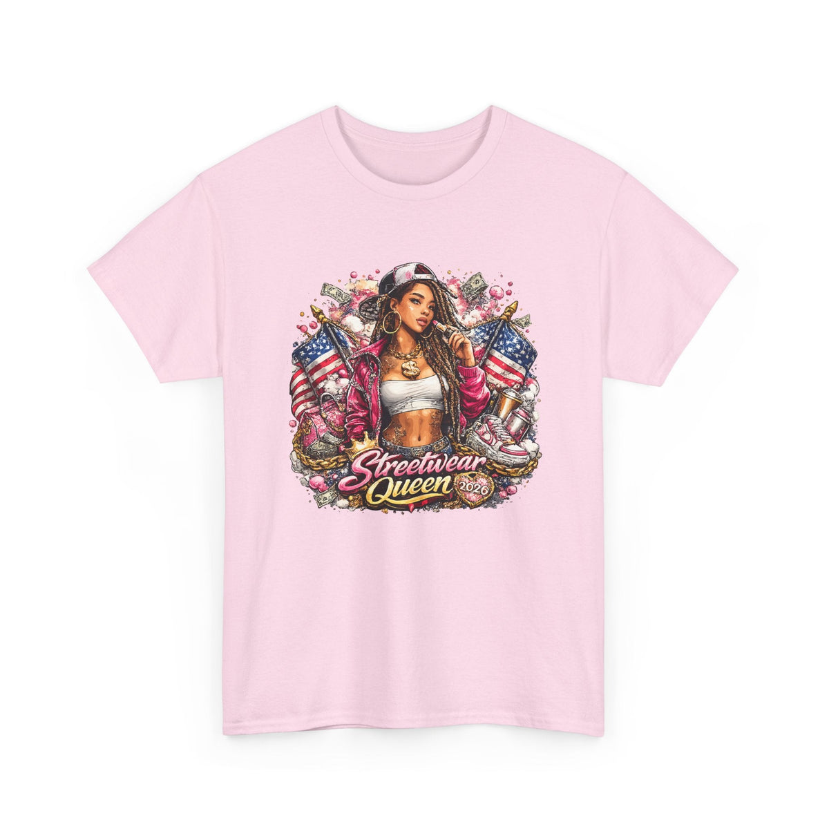 Streetwear Queen T-Shirt – Chicana Tattoo & US-Flagge Grafik-T-Shirt