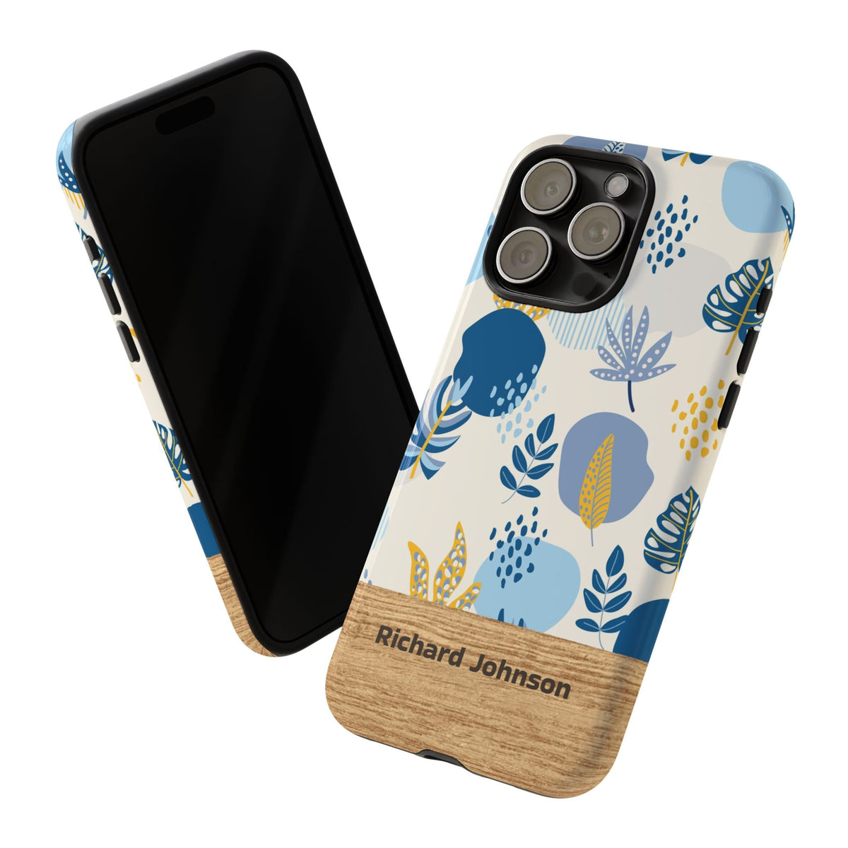 Personalisierte Botanisch Handyhülle mit Namen – Robuste Handyhülle mit blauen Blumen & Holzoptik