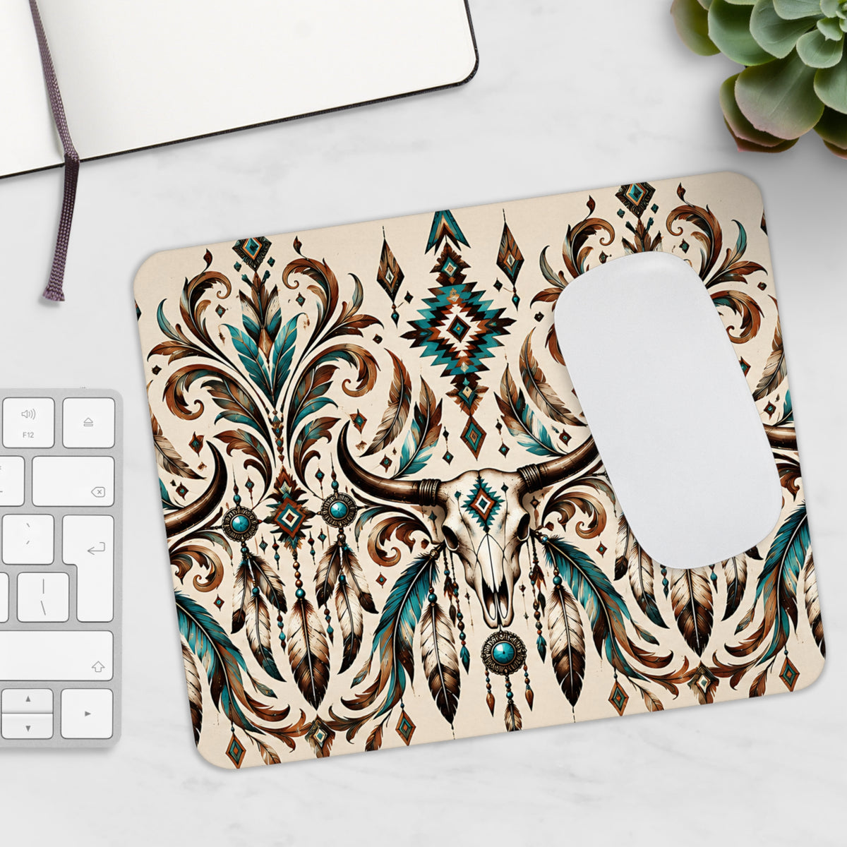 Western Longhorn Mousepad – Boho Design mit Federn