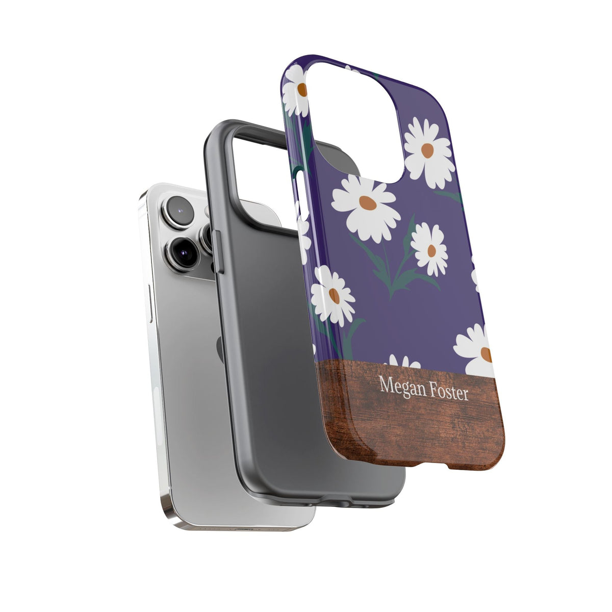 Personalisierte Gänseblümchen Handyhülle mit Namen – Robuste Handyhülle mit lila Blumen & Holzoptik