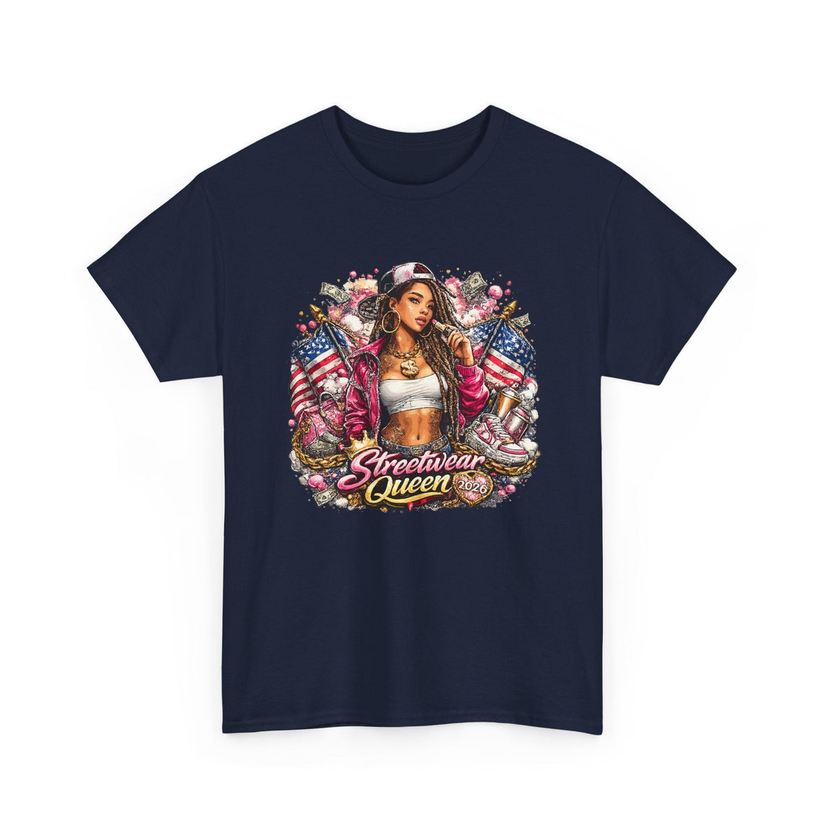 Streetwear Queen T-Shirt – Chicana Tattoo & US-Flagge Grafik-T-Shirt