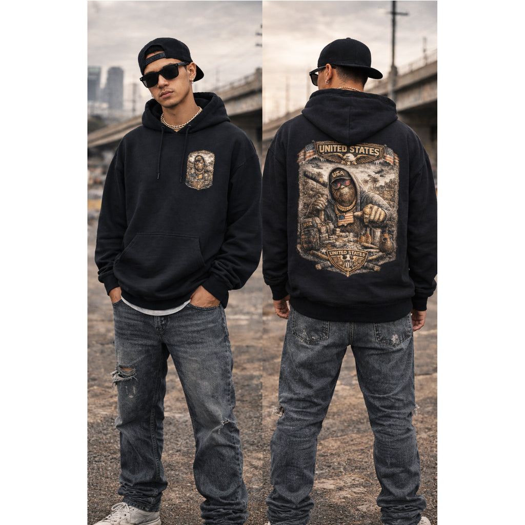 Bigfoot Streetwear Hoodie for Men Urban Black Hoodie with Bigfoot Graphic Back Print, Hip Hop Style Hoodie – Kalabula